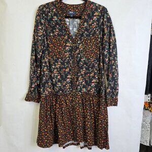 Maeve Anthropologie Black Floral Print Drop Waist  Long sleeves boho Dress